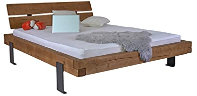 SAM Balkenbett Travis 180x200cm, Holzbett aus Fichtenholz honigfarben, massiv, gebeizt + geölt, Massivholzbett mit geteiltem Kopfteil, jedes Bett EIN Unikat