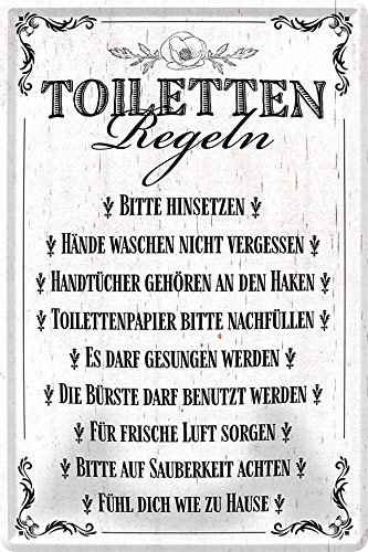 Blechschild ''Toiletten Regeln. Bitte hinsetzen. Hände waschen'' 20x30cm Geschenk Lustige Sprüche Feier Vintage Retro Geburtstag Deko Party Überraschung Fan Zuhause WC Open Closed Badezimmer