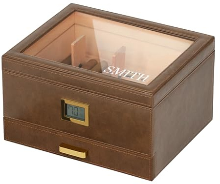CASE ELEGANCE Monogrammiertes Belmont Glas-Top-Luftbefeuchtungssystem, dickes Zedernholz, genaues digitales Hygrometer, mit Leder umwickelt, Braun, hält 30-60 Zigarren