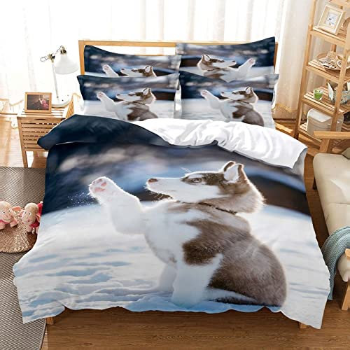 BSYYZQC BettwäSche 155x220 Husky-Hundeschnee Bettbezüge Atmungsaktiv mit Reißverschluss + 2 Kissenbezug 80x80