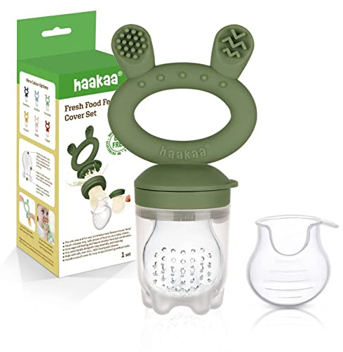 Haakaa Bébé Fruits Nourriture Mangeoire & Mini plateau à grignoter, Moule à glace pour lait maternel, Mangeoire silicone sans BPA pour auto-alimentation sûre nourrisson, 4 mois et plus-Vert olive