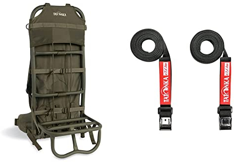Tatonka 1130 Lastenkraxe, Olive, 78 x 35 x 28 cm, 80 Liter & Packriemen Easy Strap 18mm / 2m (2 Stück) - Zwei Spanngurte mit Metallschließe - 1,8 cm breit und 200 cm lang