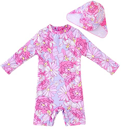 UMELOK Baby Badeanzug mit Sonnenhut UV Schutz Badebekleidung Blumen, rosa 9-12 Monate/74-80cm