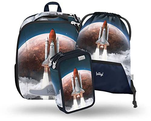 Baagl Schulranzen Jungen Set 3 Teilig Shelly Schultasche - Space Shuttle | Ergonomischer Shelly Schulranzen mit Hartschale, Brustgurt und reflektierenden Elementen für die Grundschule.