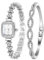 Clastyle Damenuhr und Armband Set Stilvolle Silberarmband Uhren Bling Kristall Iced Out Vollstrass Armbanduhr für Damen mit Perlmutt Rechteckiges Zifferblatt