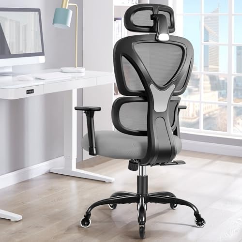 KERDOM Bürostuhl Ergonomischer Schreibtischstuhl,mit Verstellbarer Kopfstütze, Armlehnen, Lendenwirbelstütze, gegen Rückenschmerzen Bürostuhl 150kg/330LB Belastbar 9070F Gray