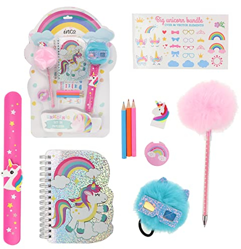 Inca Einhorn-Schreibwaren-Set + 7 Schreibwaren – Slap-Armband, Haargummi, Kugelschreiber, Farben, Anspitzer, Notizbuch und Aufkleber, schönes Schreibwaren für Mädchen – lustiges Schreibwaren-Set als
