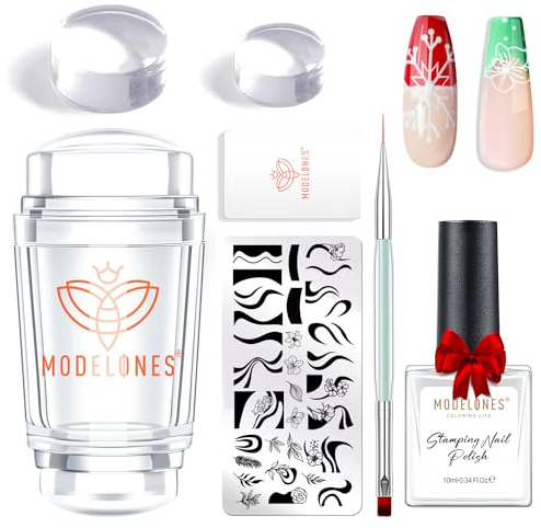 Modelones Nail Art Stamper Kit 7Pcs-1 Doppelend Nagelstempel Nagel Stempel,Schaber, French Nails Schablone,Doppel-Ende Pinsel, 10ML Stampinglack Gel, 2 Klarer Silikon, Nageltips French DIY Maniküre