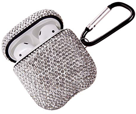 Custodia scintillante per AirPods con portachiavi, protettiva antiurto con strass, compatibile con custodia di ricarica AirPods 2 e 1 (bianco)
