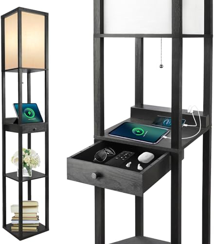 OUTON LED Stehlampe Regal mit Schublade, 3 Farbtemperatur, 1H Timer, Stehleuchte mit 2 USB Anschlüsse, Stehlampen für Wohnzimmer, Schlafzimmer, Büro (Schwarz)
