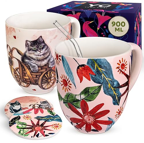 YC YANG CHAI Jumbotassen 900ml - 2er Set - Teetassen Set aus Knochen porzellan - XXL Tassen Geschenkset mit Untersetzer - Kaffeebecher Geschenkidee - Jumbobecher YC Sunflower + YC CatiCat (2er Pack)