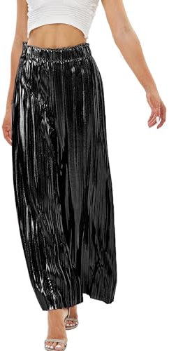Fakanhui Damenhose Palazzo Metallic mit weitem Bein Gold Silber Casual Abendkleid Abendkleid, schwarz metallic, X-Large
