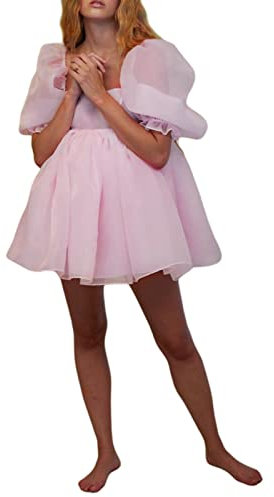 Women's Puff Sleeve Tulle Princess Puffy Square Neck A-line Casual Mesh Swing Fairy Party Dresses, pink, L