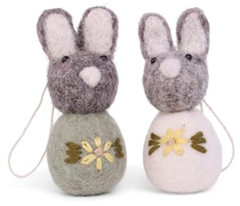 Gry & SIF bestickte Osterhasen Aufhänger, Ostern, Osterdeko, Handmade, Fairtrade | Anhänger graue Bommelhäschen Bestickt, Grün und Weiß, 2er Set