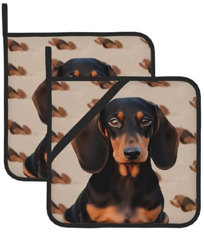 Topflappen mit Dackel-Motiv, hitzebeständig, für den Ofen, Baumwolle, Topflappen für Küche, Kochen, Backen, Grillen, 20,3 x 20,3 cm, mit Taschen, 2 Stück