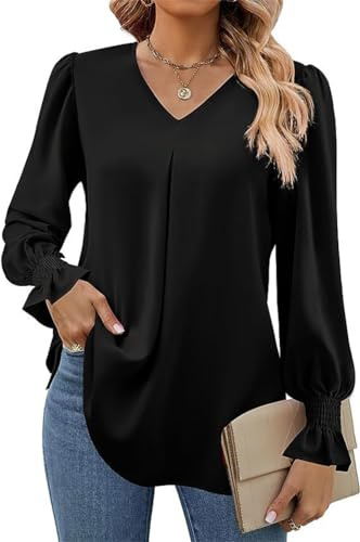 Tomwell Blouse Femme Automne Chemisier en Mousseline de Soie Élégant Haut à Manches Longues Col V Tunique Fluide T-Shirt Couleur Unie Blouse Plissé Casual Femme Chic A Noir M