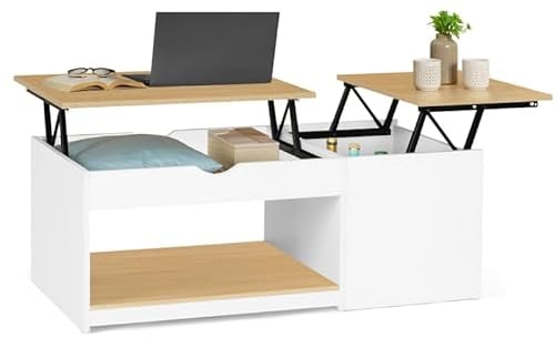 IDMarket - Table Basse 2 Plateaux relevables EYLA avec Coffre Bois Blanc et façon hêtre