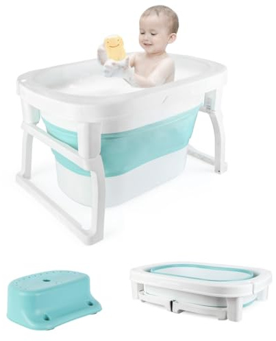 Faltbare Badewanne für Kinder und Neugeborene - Tragbar Mit Halterung, Rutschfester Matte und Ablaufloch - Für 0-6 Jahre