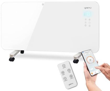 YOEVU | Radiador eléctrico bajo consumo 2000W | Programable con control móvil y WIFI | Termostato regulable | Soporte con ruedas | IP24 | Protección sobrecalentamiento | Blanco
