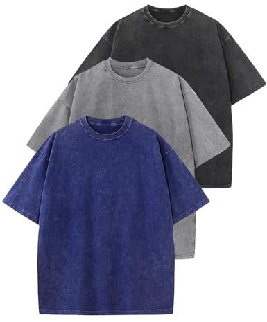 Wyeysyt 3 Pack Oversized Tshirts for Women Vintage Washed Baggy Tees Cotton Short Sleeves Acid Shirts Unisex Tops, Black+grey+blue, XL