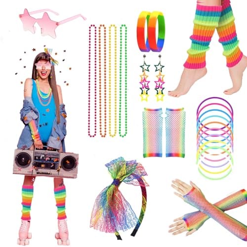 80s Neon Party Accessories Disco Accessories for Women 80s Party Outfit Leg Warmer Fishnet Gloves Star Earrings Sunglasses Necklace Bracelet Headband for Retro Parties
