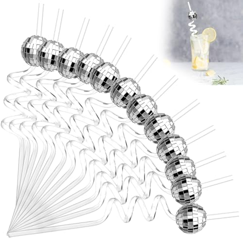 Discokugel Strohhalme, Cocktail Strohhalme 12 pcs Reusable Straw Silber Strohhalm Plastik, Lockige Strohhalme, Disco Party Trinkhalme, Geeignet für Bar, Tanzparty, Urlaub, Hochzeit, Partyzubehör