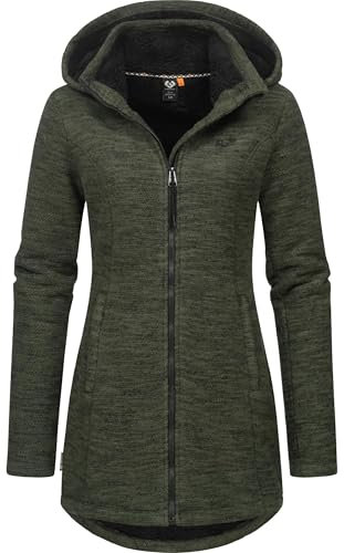 Ragwear Damen weiche Strickjacke mit Teddyfell-Innenfutter und Kapuze Lange Übergangsjacke Leysha Melange YOUMODO Dark Olive Gr. XL
