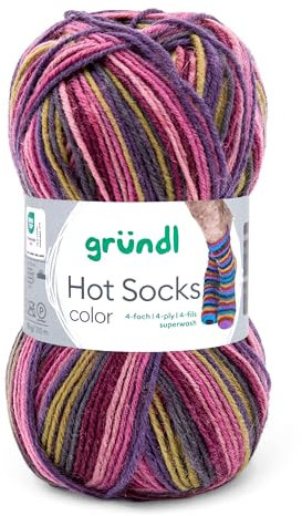 Gründl Hot Socks Color, Sockenwolle mit Farbverlauf beere rosa gelbgrün lila, Strumpfwolle 4-fach, 4-fädig, Sockengarn, 50g | 75% Wolle, 25% Polyamid (402)