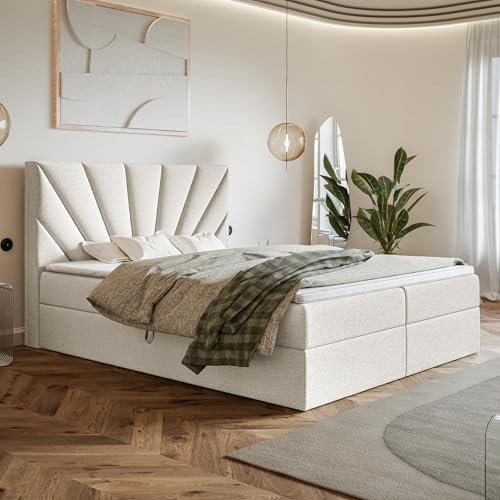 MOTIVENA Aspen Boxspringbett 120x200 mit Bettkasten und Topper, Polsterbett 120x200 mit Bettkasten, Bonellfederkern-Matratze (H4), T28 Komfortschaumstoff Topper (H3), Boucle, Milch (Weiß)