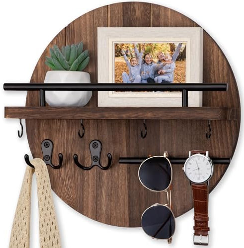 Nekon Key Holder Wall Mount, 11.8 Inch Key Rack with Shelf and 6 Key Hooks, Rustic Key and Mail Organizer, Circular Wooden Key Hanger for Entryway Hallway Kitchen (Brown)