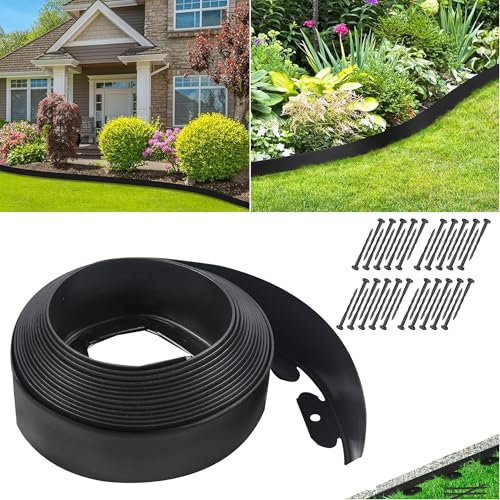 Bordure de jardin en plastique noir de 10m/33 pieds, 10cm de haut,avec 40 pointes kit de bordure de barrière d'herbe extérieure pour aménagement paysager de pelouse, parterres de fleurs, allée et cour