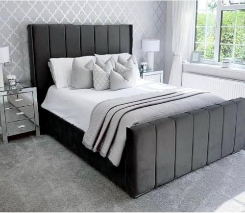 Luxury New Plush velvet Ottoman Storage Wingback Bed Frame-Easy to Assemble (Grey Crushed, 4ft Small Double Bed +Mattress)