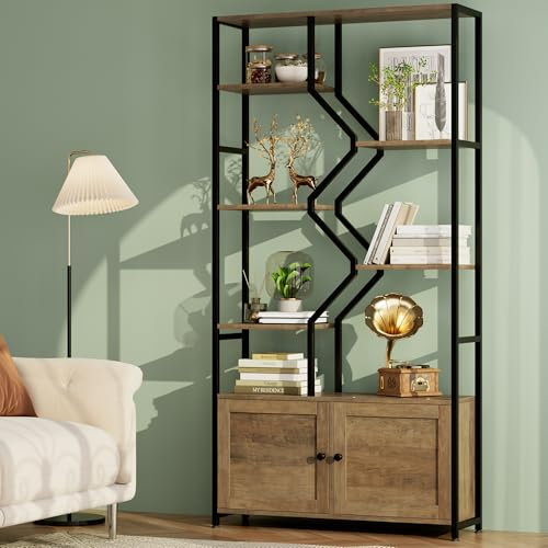 Keyluv Bücherregal mit 6 Etagen, mit Schranktüren, 193 cm hoch, 99,1 cm breit, multifunktionales Bücherregal, Stand-Bücherregal, Organizer für Zuhause/Büro/Wohnzimmer, robustes Metall und Holz,