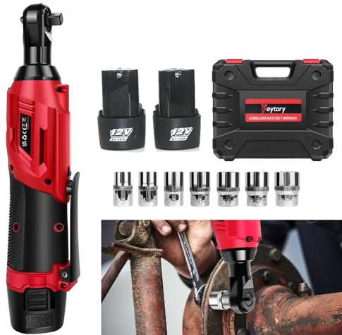 DayPlus Clé à cliquet électrique sans fil 12 V 40 Nm, 2300 tr/min, batterie à cliquet avec 2 batteries et 7 prises pour ingénierie mécanique, travaux de bricolage, rouge