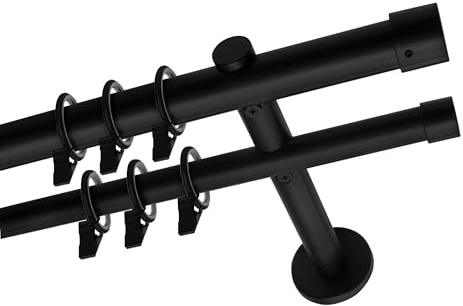 Voppi Gardinenstange 19mm 360cm aus Stahl schwarz Doppel Loft modern mit Raffröschen für Fenstervorhänge Gardinen für jeden Raum