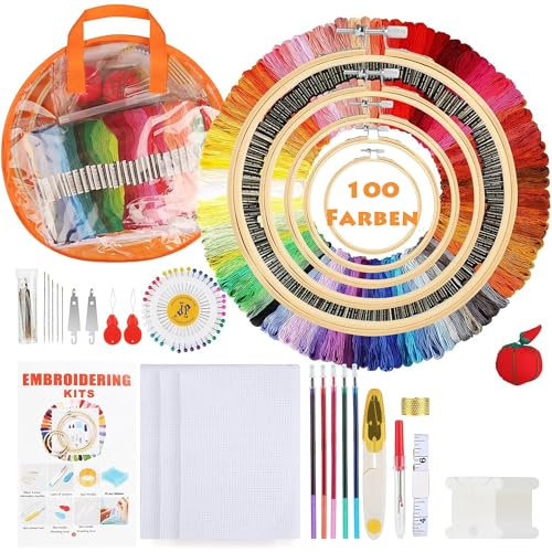 Huacan Stickerei Set 205 Stück Embroidery Starter Werkzeug Kit mit Anleitung, 5 Bambus-Stickrollen, 100 Stickgarn, 3 Aida-Tücher und Kreuzstich Tools für Erwachsene und Anfänger