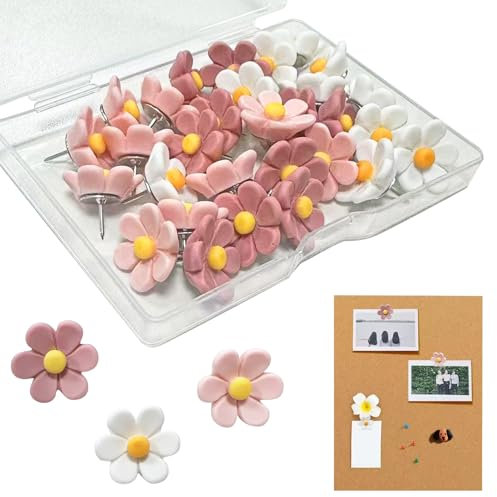 30 Punaises Forme De Fleurs, Punaises Décoratives Punaises pour,Punaise Murale,Punaises Tableau Liège,Tableau en Liege,pour Tableaux à épingles Carton pour Accrocher des Affiches(Rose + Blanc)