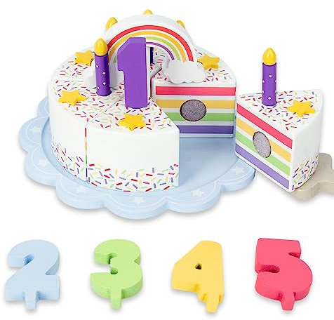 Pretend Spielen Lebensmittel für Kleinkinder 1-3, hölzerne Geburtstagskuchen mit Kerzen und Zahlen, Tee-Party Lernen Küche Geschenk Spielzeug für Jungen Mädchen (Regenbogenkuchen)