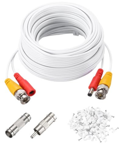 sourcing map BNC Video Power Cable,15m/49ft All-in-One Security Camera Wire Cord DC Extension Wire for CCTV Security DVR Camera System Installation Plug & Play Cord,1 Set White