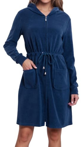 Zinnora Leichter Kurz Bademantel Damen Hausmantel Weiches Frottee Mit Kapuze Und Zipper XXL Nachtblau Ideal für Sauna und Zuhause