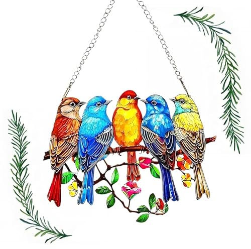 ARTGUTS Hängende Fensterdeko Vogel Buntglas Deko,Sonnenfänger Fenster Kolibri Lichtfänger Fenster,Acryl Kolibri Sonnenfänger mit Kette,Kolibri Fensterdeko Hängend für Wohnzimmer Gartendekoratio,Fünf