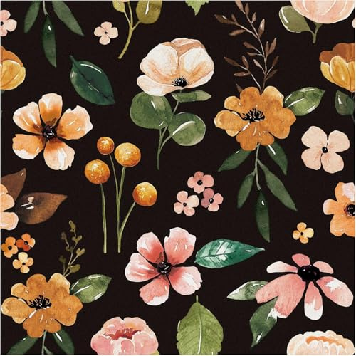 ICYEHAO Self Adhesive Wallpaper Floral Black,44.5 x 1000 cm Pink Orange and Yellow Flower Wallpaper Green Leaf Plants Wall Paper Self Adhesive Furniture Wrap for Living Room,Bedroom,Bathroom,Cabinets