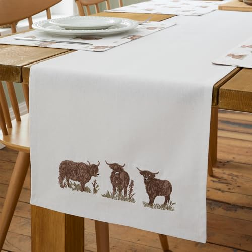 Catherine Lansfield Angus Highland Cow Cotton 33x220cm Dining Table Runner Natural