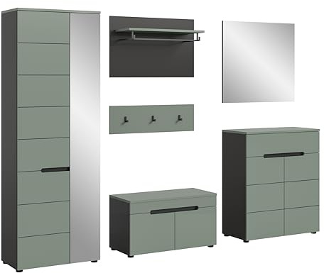 xonox.home - Garderobenkombination Canu 5tlg. 255x190x37 cm in Korpus Basalt grau Nb., Front Smoke Green Nb. - Garderobenschrank Garderobenmöbel Flurmöbel-Set Flursystem Stauraumlösung
