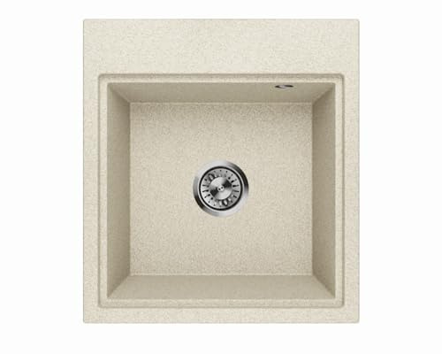 Lavello Fregadero de granito color arena, profundo empotrable, 45 x 49,5 cm, rectangular, 1 lavabo, moderno, fácil de limpiar, resistente a los arañazos, reversible, ahorra espacio, con estante para