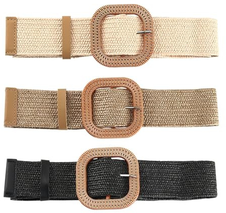 DGHEGDUI 3 Ceintures À Tête Carrée En Paille, Ceintures Larges En Rotin Faites À La Main, Ceintures Élées Rétro, Accessoires Bohèmes, Robe Assortie.