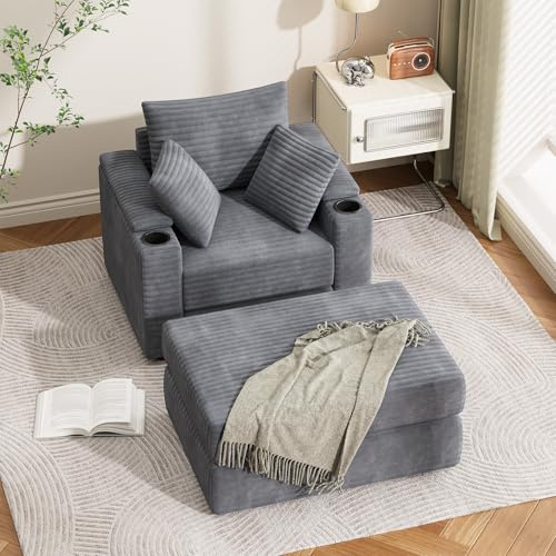 YODOLLA Single Chaise lounge Sofa, Chair Bed with Ottoman, Throw Pillow，Storage Armrest & Cup Holder，Modular Sofa for Apartment,Living Room, Bedroom (Grey)