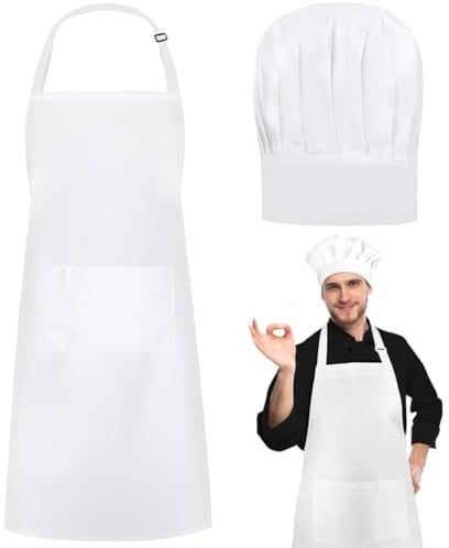 SORAYUXI 2 Stück Kochmütze Schürze Set, Weiß Küchenschürze Verstellbare Kochschürze mit Taschen, Kochmütze und Schürze