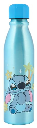 Disney Stitch Aluminium Water Bottle, Blue, 600ml, Reusable BPA Free with Secure Screw Cap, Soda Bottle Shape, 48+ Months