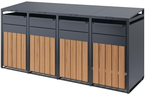 OMERAI Quadruple Wheelie Bin Storage for 60-240 L,Weather-Resistant Outdoor Garden Bin Hideaway with Assisted Lift Lid Easy Use,Powder-Coated Steel Anthracite with Walnut Brown Doors